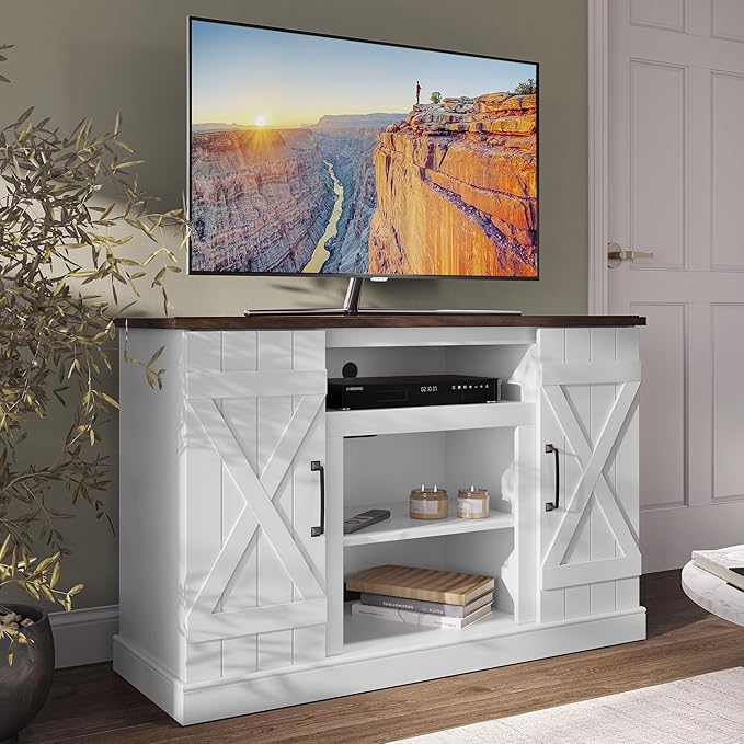 BELLEZE Industrial 47 Inch Rustic Wood TV Stand & Media Entertainment Center Console Table for TVs up to 50 Inch with Open Storage Shelves & Cabinets - Veropeso (White)