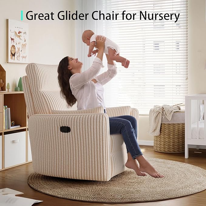 LINSY 360 Swivel Recliner Chair: Corduroy Rocking Chair Nursery Glider Chairs with 2 Pillows Comfy High Back Adult Recliner for Small Spaces, Living Room Bedroom Nursery Reclining Chairs, Beige