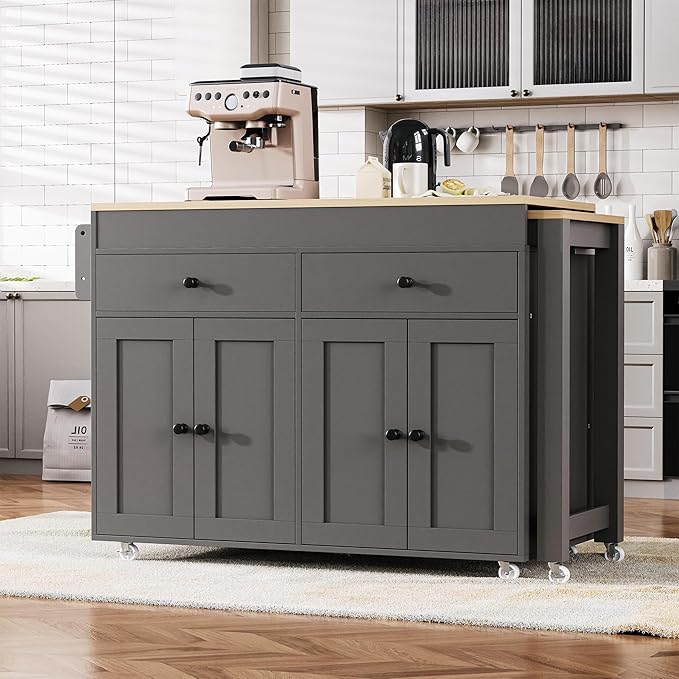 74.5" Rolling Kitchen Island on Wheels with Extendable Dining Table, Storage Cart with 2 Drawers, 4 Door Cabinet, Spice Rack for Kitchen, Dining Room, Grey