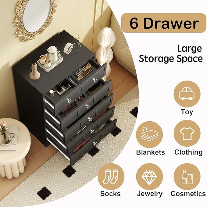 6 Drawer Dresser for Bedroom: 24" Fluted Black Dresser Deep Drawers, Modern Chest of Drawers for Bedroom, Fluted Wood Dressers for Living Room, Hallway