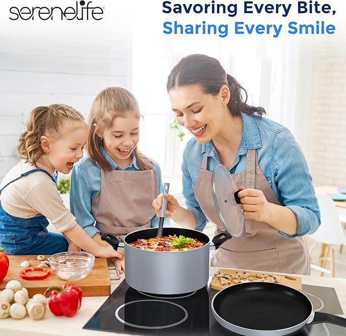 SereneLife Kitchenware Pots & Pans Basic Kitchen Cookware, Black Non-Stick Coating Inside, Heat Resistang Lacquer (11 Piece set), One Size, Gray