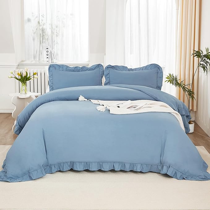 Litanika Grayish Blue King Size Comforter Set, 3 Pieces Ruffle Farmhouse Aesthetic Bedding Comforter Set, All Season Soft Lightweight Fluffy Microfiber Bed Set(104x90In Comforter, 2 Pillowcases)