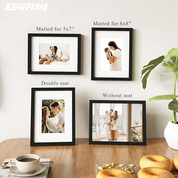 Egofine 9x12 Picture Frame Black Covered by Plexiglass Made of Solid Wood, Wood Frame for Pictures 5x7/ 6x8 with Mat or 9x12 without Mat, Tabletop and Wall Mounting Display