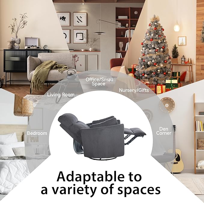 Power Swivel Glider Rocking Recliner Nursery Chair, Corduroy Rocker Recliner with USB, 2 Pillows, Barrel Armchair Single Sofa for Living Room Bedroom, Dark Grey