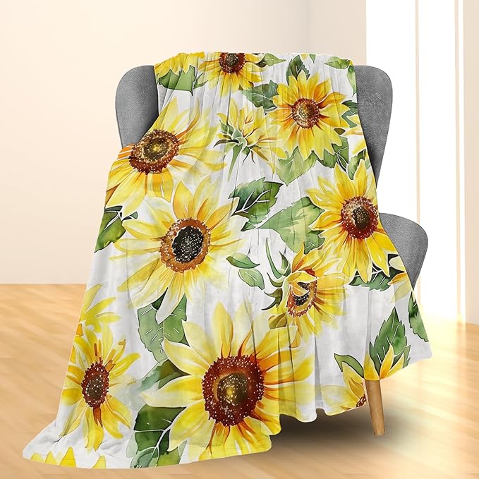 Hand Drawn Sunflower Blanket - Ultra Soft, Fluffy, Lightweight Flannel Throw Blankets for Couch, Bed, Travel, Outdoor - Cozy, Fuzzy Home Decor, for Adults Kids Women Girls 80×60 in