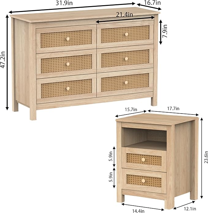 Farmhouse 6 Drawers Dresser with 2pcs Nightstands, Wood Double Dresser Chest of Drawers Wide Storage Organizer Cabinet for Bedroom, Living Room, Natural