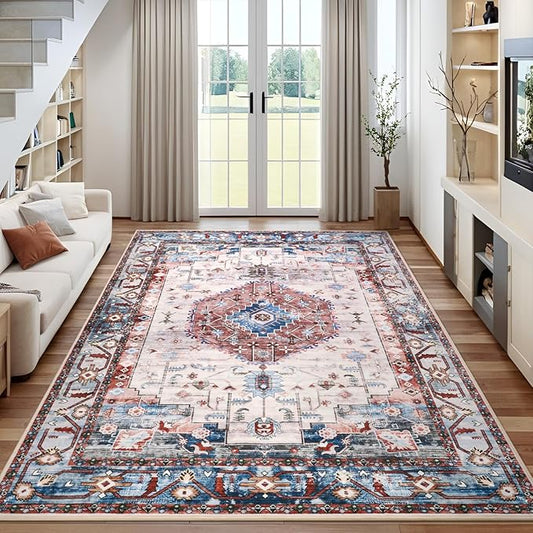Washable Area Rugs for Living Room, Red 4x6 Non Slip Vintage Floral Room Rug for Bedroom, Low Pile Indoor Carpet for Dining Room, Home Office, Kitchen, Dorm