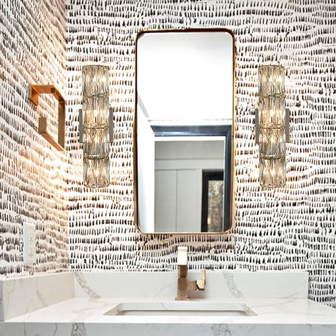 SAMTEEN Chrome Crystal Wall Sconce Modern 4-Light Crystal Sconces Wall Lighting Tube Shape Glass Wall Light Fixture for Bedroom Living Room Hallway Kitchen Bathroom Vanity Light