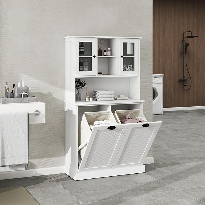 Tall Bathroom Laundry Cabinet with Tilt Out Laundry Hamper, Laundry Room Storage Cabinet with Two Glass Doors, Display Shelves, White (32.68" W x 14.57" D x 59.69" H)