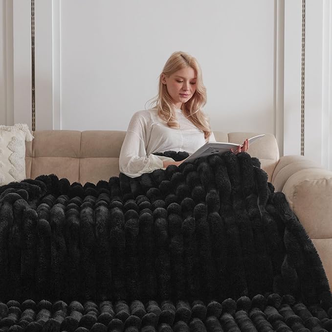 Faux Fur Throw Blanket for Couch, Cozy Warm Plush Striped Blanket for Sofa Bedroom Living Room, 50x60 Inches Black
