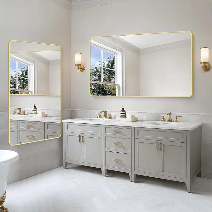 55x36 Inch Gold Bathroom Mirror, Metal Framed Large Rectangle Mirror, Rounded Rectangular Vanity Mirror, Wall Mounted Mirror for Over Sink Living Room Bedroom Entryway Horizontal/Vertical