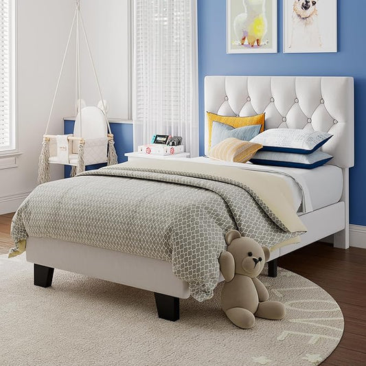 Twin Upholstered Bed Frame with Headboard, Button Tufted Linen Bed Base, Platform Bed with Wood Slat, Heavy Duty, Easy Assembly, No Box Spring Needed, White
