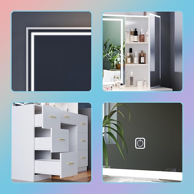 Makeup Vanity Desk with Large Mirror and LED Lights,White Vanity with Hidden Storage Mirror Cabinet&7 Drawers,Vanity with Chair,Makeup Organizer Countertop for Room (White)