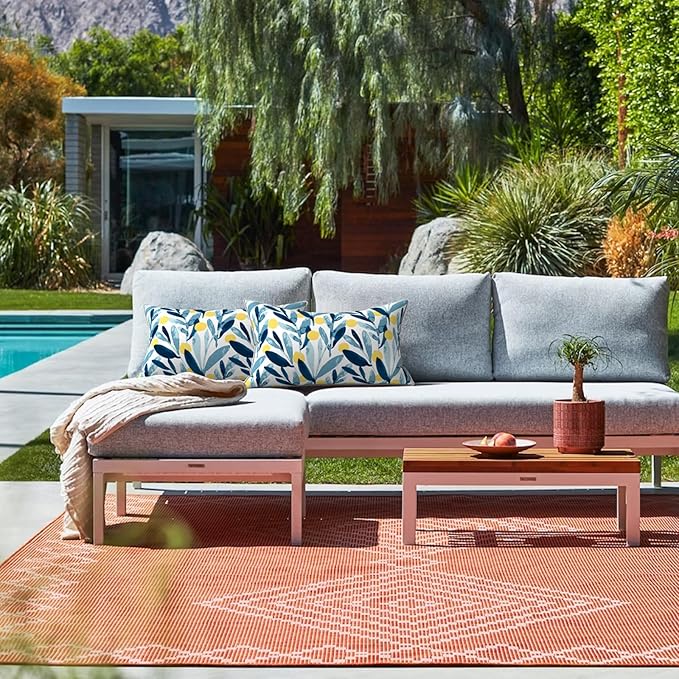 LVTXIII Set of 2 Outdoor Lumbar Pillows for Patio Furniture with White Piping, 12"x20" Fade Resistant Patio Lumbar Pillows with Inserts for Home Coach Sofa Use, Leaves Multi