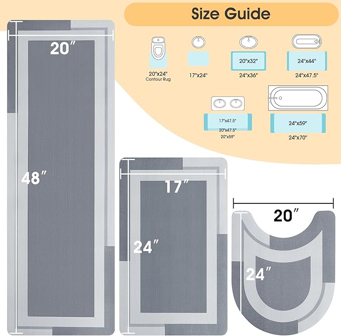 ACCUMTEK Ultra Thin Bath Mats Fit Under Door 3 Piece, Upgrade Backing Non Slip Bath Mat, Quick Dry Absorbent Bath Mat, Machine Washable Bathroom Rugs for Bathroom Floor, Bathtub, Kitchen, Grey