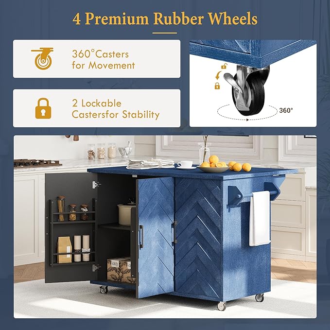 51.2" W 3D Wave Stripes Ash Veneer Kitchen Island with Drop Leaf, Farmhouse Kitchen Island on Wheels with Internal Storage Rack, Rolling Cart, Not Cheap Paper, Navy Blue