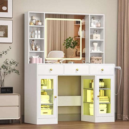 Vanity Desk with Mirror and Lights, White Makeup Vanity with Glass Top & Drawers, 3 Lighting Modes, Power Outlet, RGB Glass Cabinets, Modern Dressing Table for Bedroom, Girls, Women, Teens
