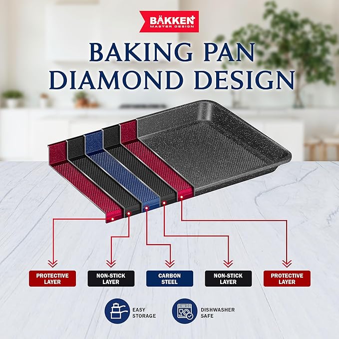 BAKKEN Kitchen Baking Pans - Nonstick Gray Coating, 13.58’’ × 9.65’’ Commercial Grade Carbon Steel Cookie Sheet, Diamond Texture Bottom, PFOA, PFOS, PTFE Free, Oven Safe Tray (450°F), Gray Marble