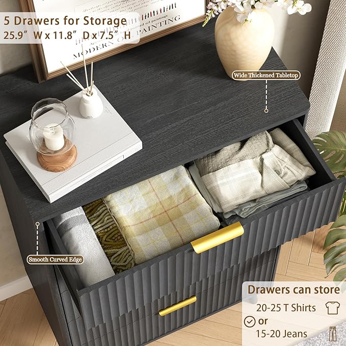 CARPETNAL Fluted 5 Drawers Dresser for Bedroom, 45”Tall Modern Chest of Drawers with Deep Drawers,Curved Profile Design, Wood Drawer Organizer for Living Room, Black