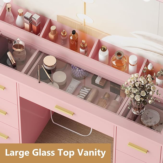 Makeup Vanity Desk with Mirror and Lights, Glass Top Vanity with 38" Lighted Mirror & Charging Station, Large Vanity Mirror with Lights Desk and Chair for Girls 3 Lightings Mode Adjusted, Pink
