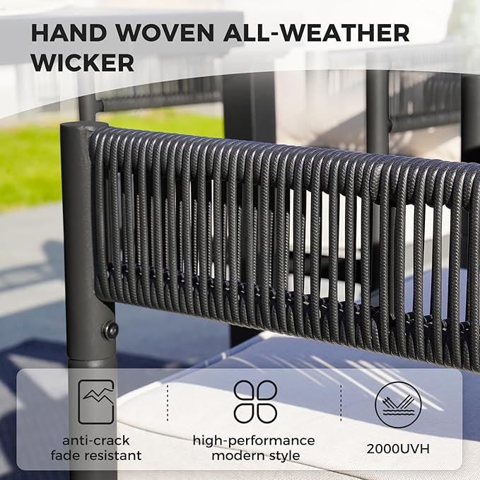 Grand patio 5-Piece Outdoor Dining Set for 4 with 1 Rectangle Expandable Table for 4-6 Person, Metal Woven Wicker Fixed Patio Chairs with Thickened Cushions for Yard, Poolside (Black)