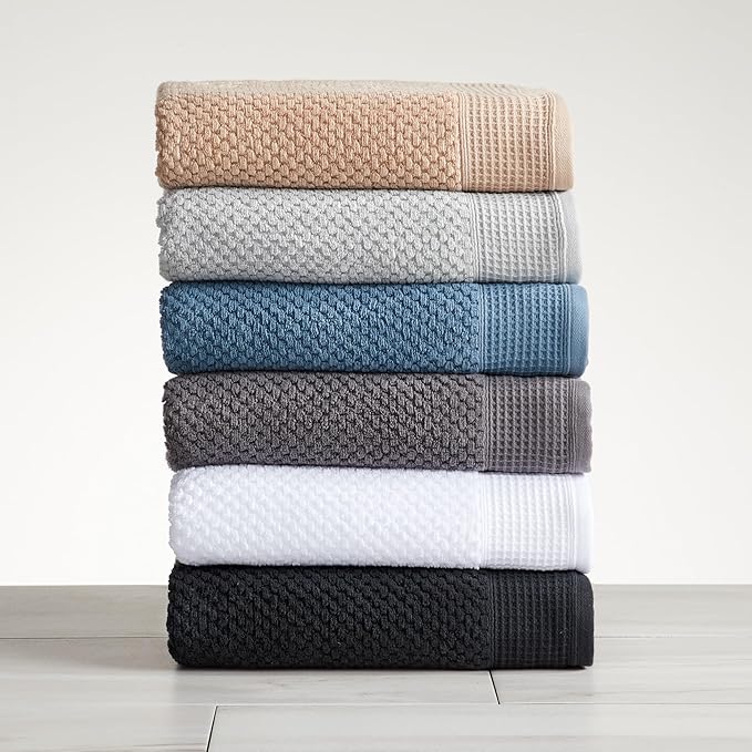 Belle Collection 6 Piece Waffle Textured 100% Cotton Towel Set | Super Soft Quick Dry Bath & Hand Towels | Decorative Washcloths for Bathroom (Black)