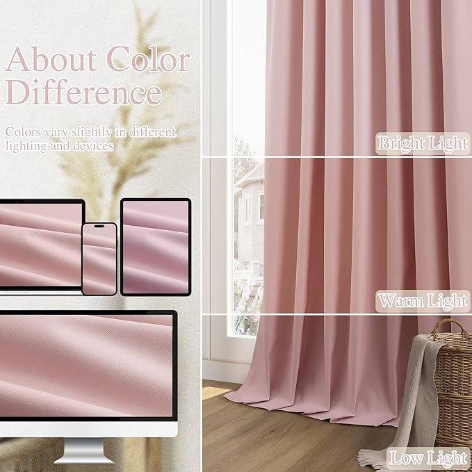 Guken 100% Blackout Linen Curtains 108 Inch 2 Panels Set for Girl's Bedroom, Living Room, Nursery, Back Tab Thermal Insulated Black Out Drapes Room Darkening, Pink