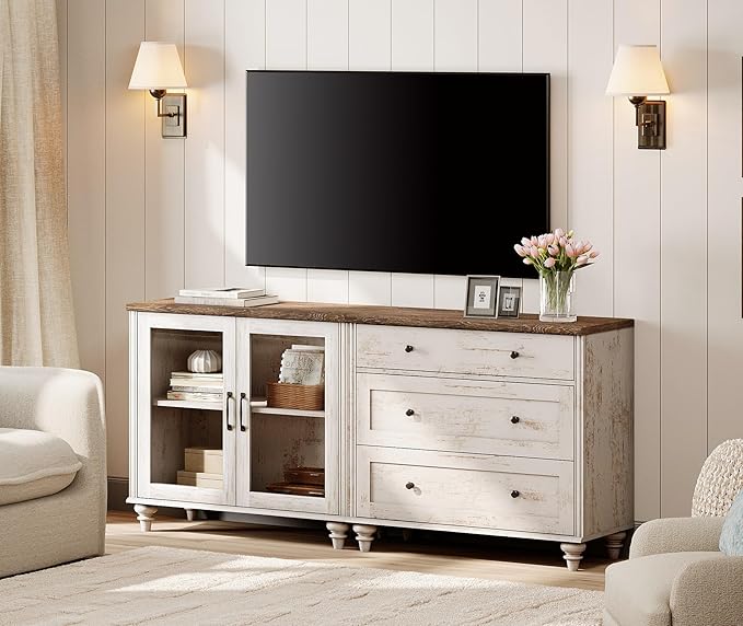 WAMPAT TV Stand for 75 Inch TV, Wood TV Cabinet Entertainment Center Television Stands for Living Room, 2-in-1 Sideboard Buffet Cabinet with Glass Door & Drawer for Kitchen, Rustic White