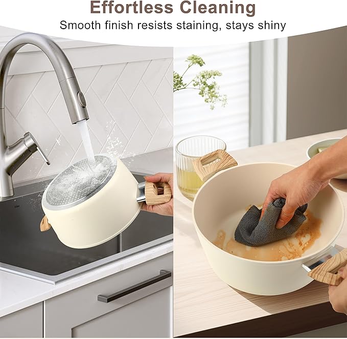 FAB&DELUXE Nonstick Cookware Set,11 Pcs Nonstick Pots and Pans, Aluminum Cooking Set with Lids & Wooden Handles, Non-Toxic Healthy Kitchen Cookware Sets, Silicone spoons & Spatulas, PFAS & PFOA Free