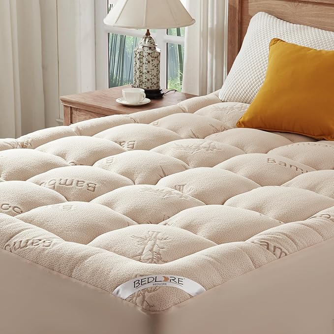 BEDLORE Twin Mattress Topper Viscose Derived from Bamboo, Thick Pillow Top Mattress Pad with Stretchable Pockets for 6"-15" Mattress, Soft Breathable Mattress Topper for Back Pain Relief(Beige)