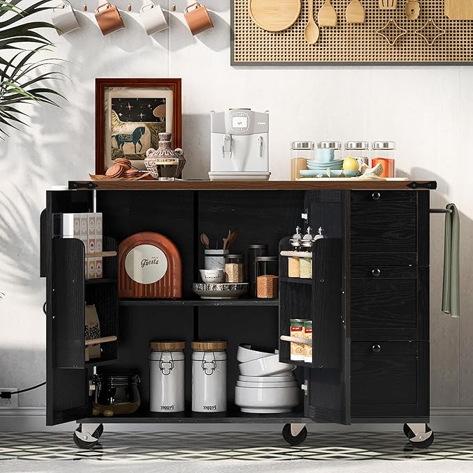 Farmhouse Kitchen Island Breakfast Bar with Drop Leaf, Power Outlet, Rolling Island Cart on Wheels Unfold Table with 3 Drawer, Srotage Cabinet, Spice Rack, Towel Rack(Black)