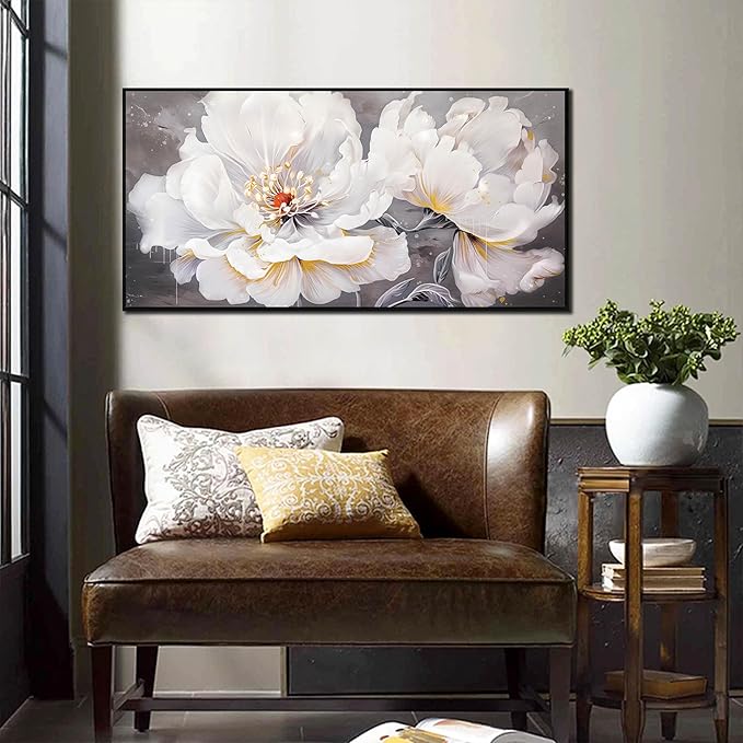 Flower Canvas Wall Art for Living Room - Modern White Wall Art for Bedroom - Black Framed Wall Art Size 20" x 40"