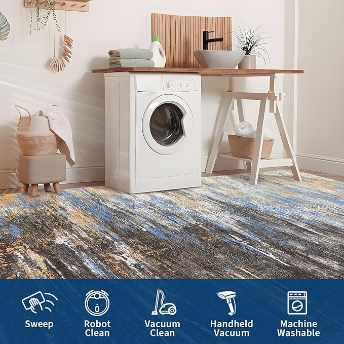 Washable Rug 9x12 Area Rug for Living Room, Non Slip Abstract Rug for Bedroom, Ultra Soft Area Rug, Low Pile Soft Contemporary Indoor Floor Carpet Cover, Blue/Brwon