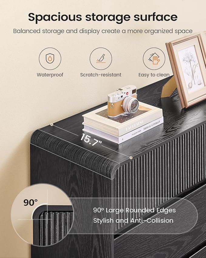 AOGLLATI Modern Wood 9 Drawer Dresser for Bedroom, 55" Long Fluted Double Dressers & Chests of Drawers with Curved Profile Design for Bedroom,Black
