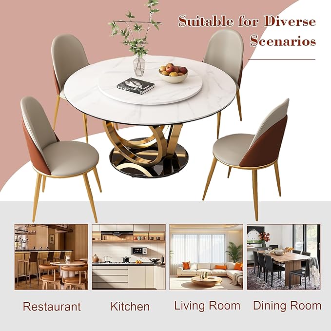 Dining Table Set with 4 Chairs, 53" Round Modern Marble Dining Table with Lazy Susan, Sintered Stone Top for Kitchen, Dining Room, Dinette