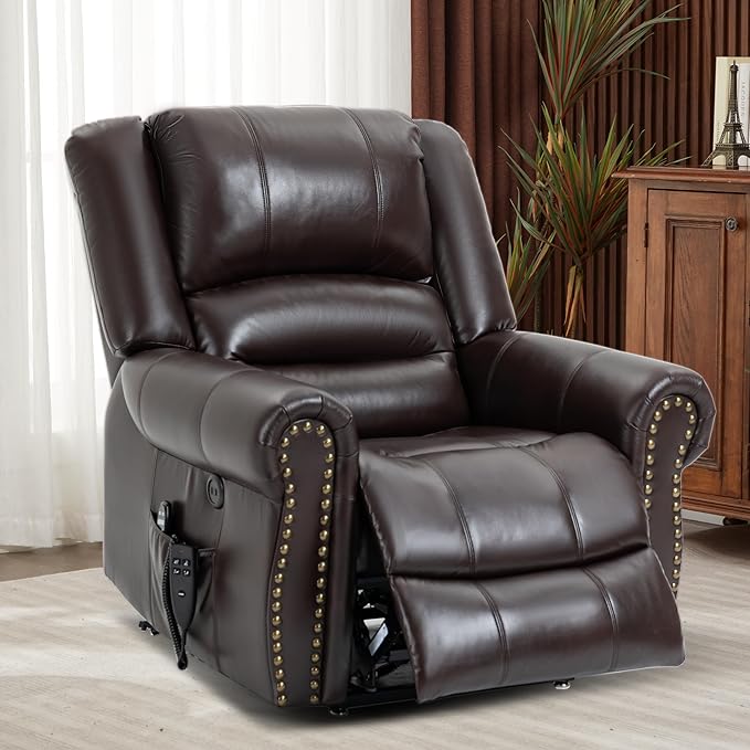 Dual Motor Power Lift Chair, Lay Flat Recliner Chair, Electric Recliner with Massage and Heat for Elderly, Remote Control, Infinite Position, Standing Assistance, USB Ports, Faux Leather, Brown