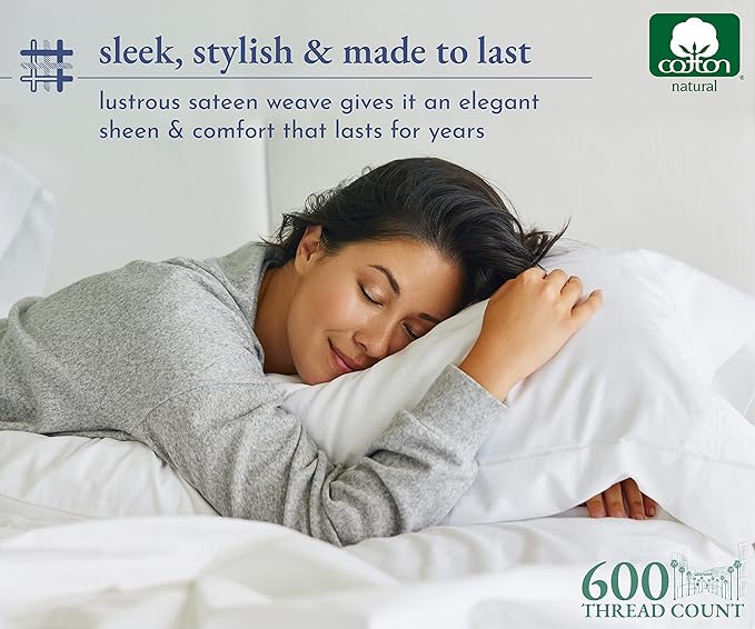 California Design Den Luxury Queen Size Sheet Set - 100% Cotton, 600 Thread Count Deep Pocket Queen Sheets, Hotel-Quality Bedding with Sateen Weave - White Embroidered Grey