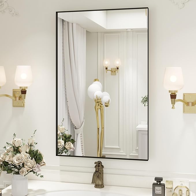 Black Bathroom Mirror, 20x28 inch Matte Black Vanity Mirror, Tempered Glass, Square Corner, Farmhouse, Entryway, Wall Mounted Rectangle Mirror(Vertical/Horizontal)