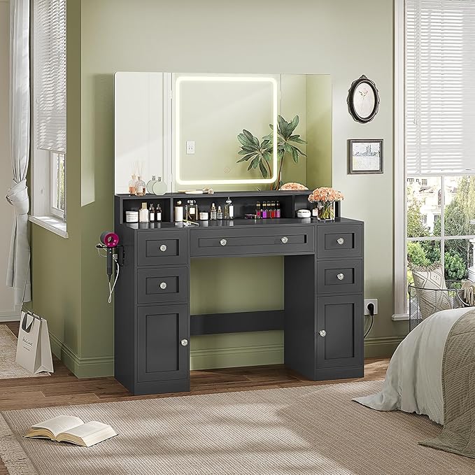Vanity Desk with Mirror and LED Light, Large Makeup Vanity with Trifold Mirror and Charging Station, 5 Drawers for Storage, Black Modern Makeup Desk with Hidden Jewelry Hook for Bedroom, Women Girls