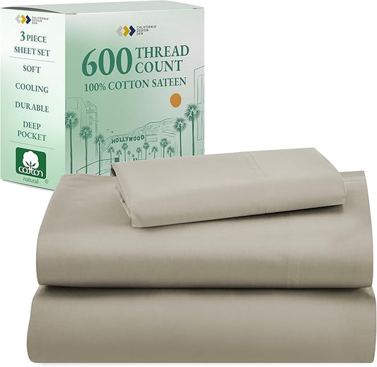 California Design Den Luxury Twin Sheet Set - 100% Cotton, 600 Thread Count Deep Pocket Twin Sheets, Soft Hotel-Quality Bedding with Sateen Weave (Cool Taupe)