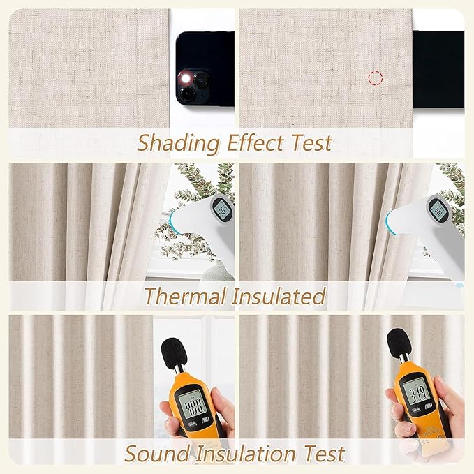 Guken Beige Linen Blackout Curtains 54 Inch Length 2 Panels Set for Living Room Bedroom Back Tab Thermal Insulated 100% Black Out Linen Drapes Room Darkening Window Curtains 54 Inches Long