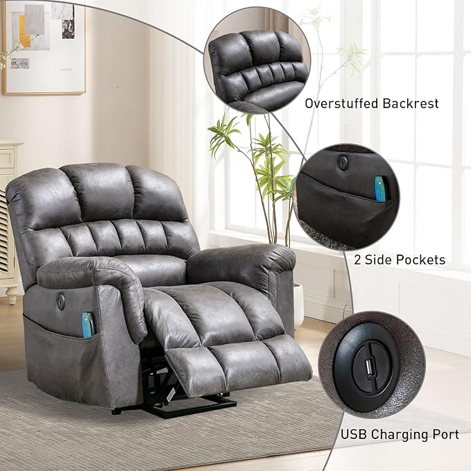 Bonzy Home Power Lift Chairs Recliner for Elderly, Electric Recliner Chair with Heat and Massage, 24" Wide Seat for Big People, Comfortable Backrest, Faux Leather, USB Charging Ports, Grey