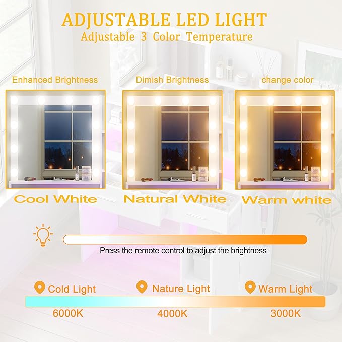 Modern White Vanity Desk with Lighted Mirror & RGB Adjustable Brightness – Elegant Dressing Table with Glass Top & Power Outlet, Perfect for Women & Girls' Bedrooms - 36 Lighting Modes (White)