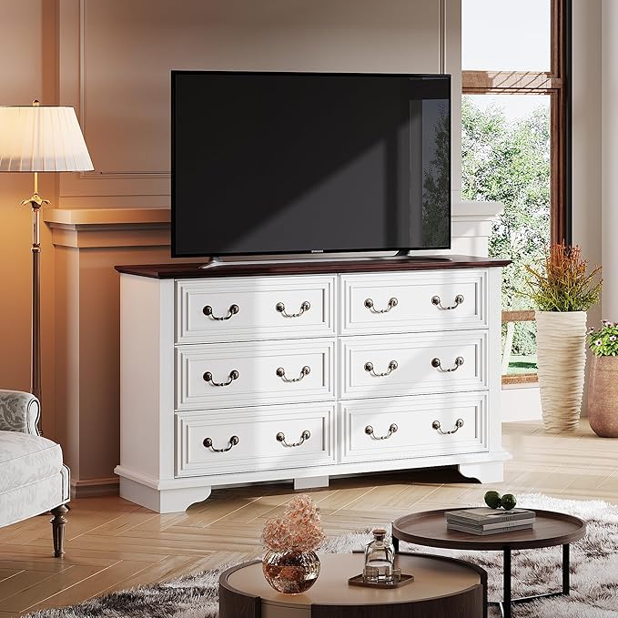 WLIVE Farmhouse Dresser for Bedroom, 51.97'' Wide Wood White Dresser with 6 Drawer, Chest of Drawers with Roman Metal Handle, TV Stand for 60 inch TV, for Living Room, Hallway