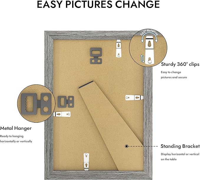 6x9 Picture Frame with Glass, Display Pictures 5x8 with Mat or 6 x 9 without Mat - Wall and Tabletop, 6 by 9 Photo Wooden Frames (Grey, 1 Pack)