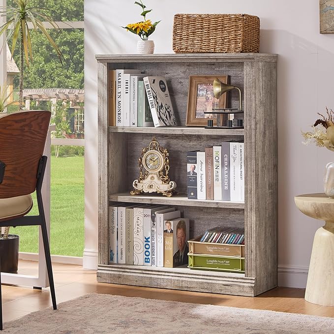43" Grey Tall Bookshelf Set of 4,3-Tier Thick Wooden Book Shelf with Adjustable Shelves,Free Standing Farmhouse Bookcase with Open Display Storage,Floor Vintage Bookshelves for Living Room