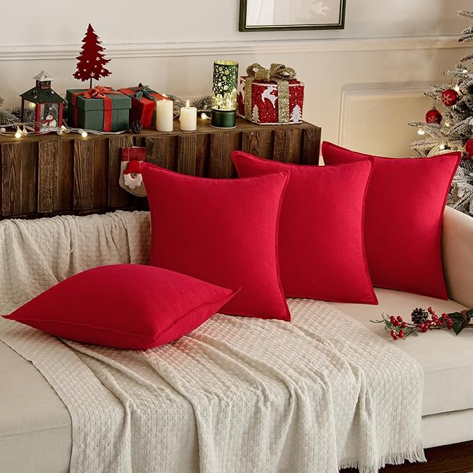 MIULEE Decorative Linen Euro Sham Pillow Covers 26x26 Red Boho Farmhouse Neutral Couch Throw Pillows for Bed Pack of 2 Accent Modern Pillowcase Sofa Livingroom Home Decor