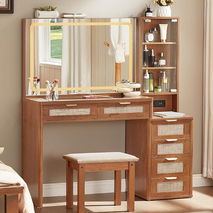 LEYAOYAO Vanity Desk with Mirror and Lights, 43.5'' Makeup Vanity Set with Stool 6 Drawers and Adjustable Shelves, Rattan Wood Make Up Vanity Dressing Table with Glass Top and Power Outlet for Bedroom