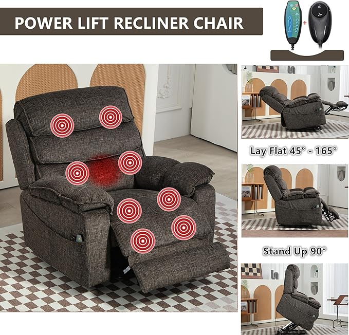 Oversized Lift Recliner with Extended Footrest for Seniors, Heavy Duty Recliners with Heat Massage, Extra Wide Seat, Arm Storage & Cup Holders, Lay Flat 160° for Elderly Big Tall Man 400lb