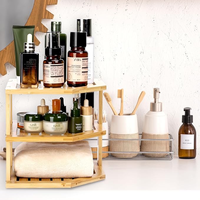 3-Tier Design Bamboo Corner Cabinet Organizer Countertop Kitchen Corner Rack, Plate Organizer for Cabinet Space Saver, Dishes, Bread Pantry, Bathroom Storage Racks or Countertop Racks